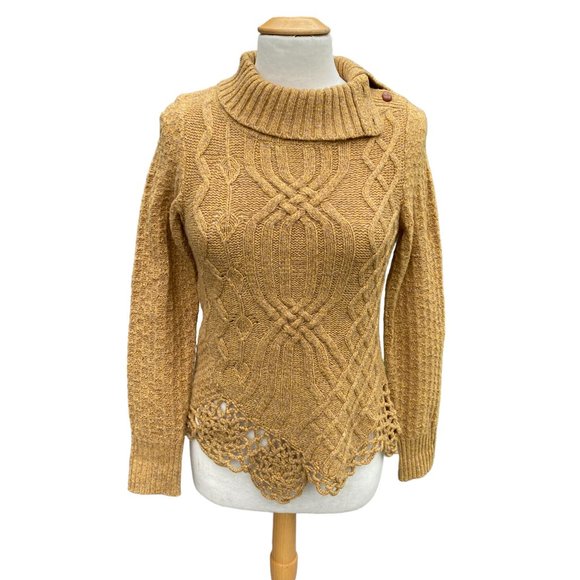 Moth Wool Cable Knit Crochet Asymmetrical Hem Sweater Mustard Artsy Rosette-S - Picture 16 of 16